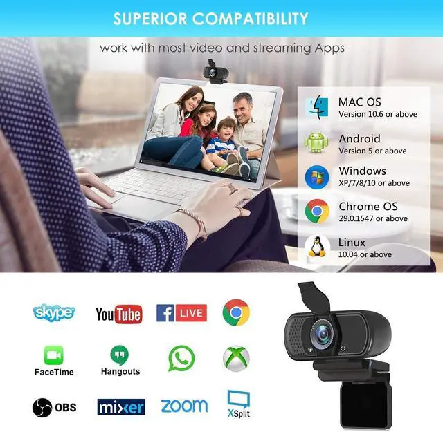 Alt view image 2 of 7 - Full HD 1080P Webcam with Privacy Shutter and Tripod, Pro Streaming Web Camera with Microphone, Widescreen USB Computer Camera for Laptop Desktop