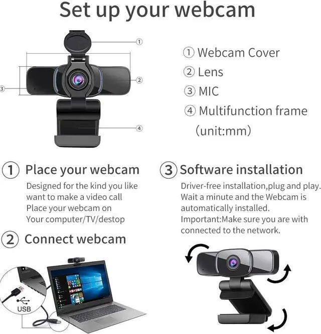 Alt view image 7 of 7 - Dericam USB Web Camera, 1080P HD Webcam with Microphone and Privacy Cover [Plug and Play], 1080p/30fps Laptop Face Cam for Zoom/Skype/Teams, PC Video Conference