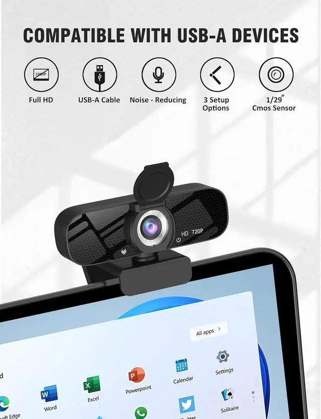 Alt view image 2 of 3 - 720P Full HD Webcam with Built-in Microphone and Rotatable Tripod Wide Angle Camera for Desktop PC or Laptop Computer