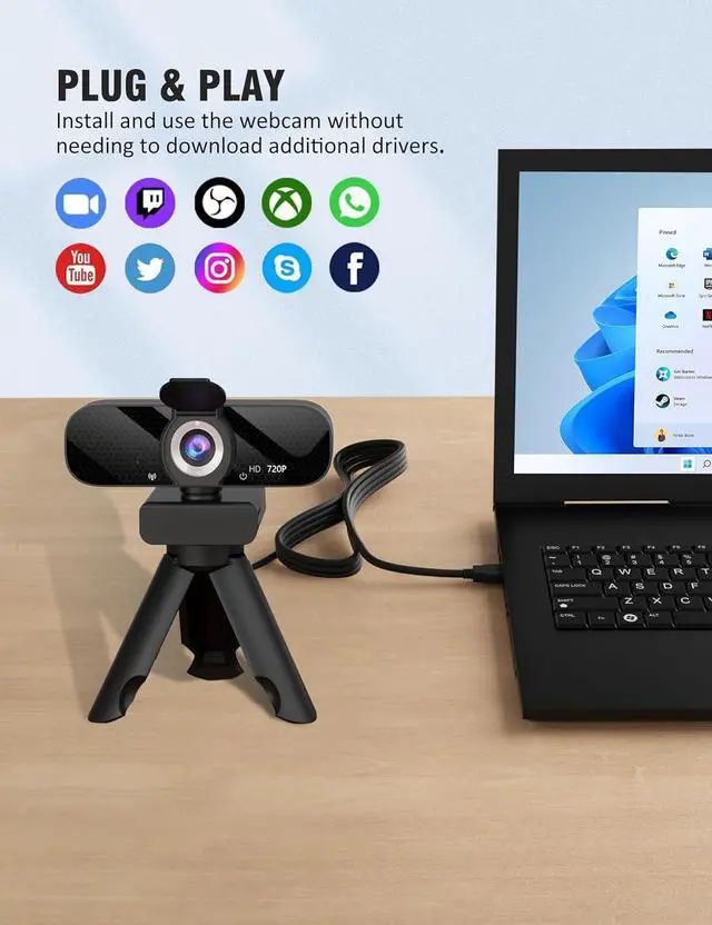 Alt view image 3 of 3 - 720P Full HD Webcam with Built-in Microphone and Rotatable Tripod Wide Angle Camera for Desktop PC or Laptop Computer
