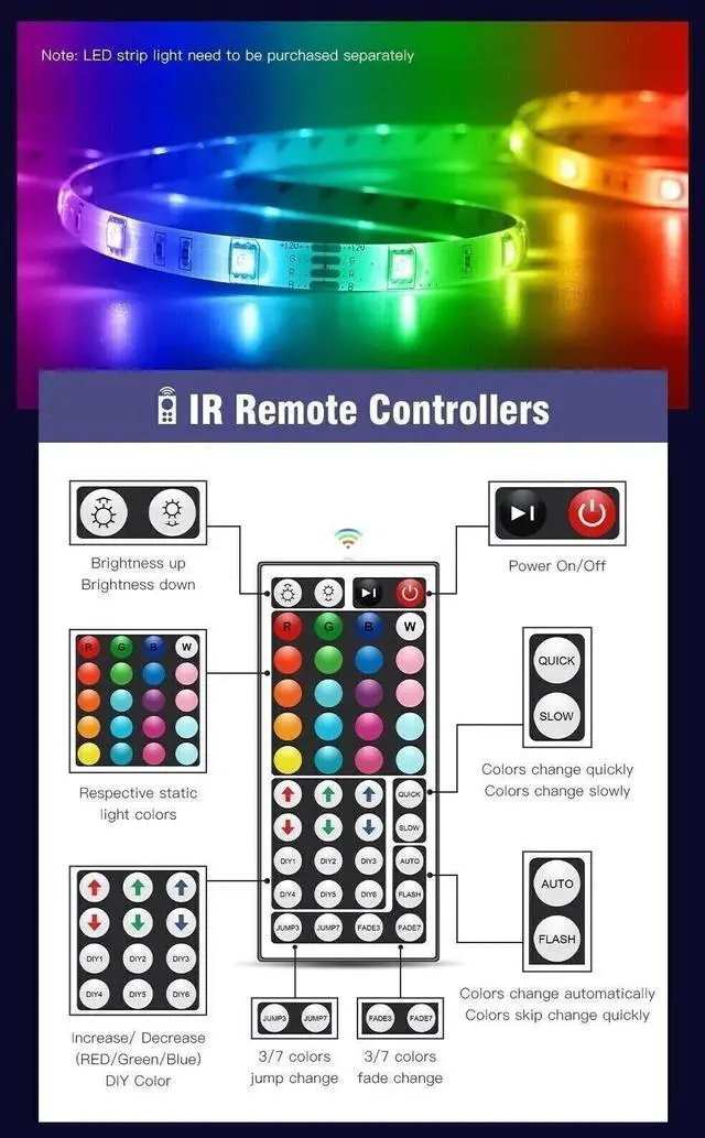 Alt view image 6 of 7 - 32FT Strip Light LED Flexible SMD Remote Fairy Lights Room Bar Xmas Decors Light 20 Color-Changing Led Light Strips, 32.8 Feet/10M LED Lights for Bedroom, LED Tape Lights with 44 Keys Remote Control f