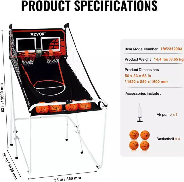 Alt view image 3 of 7 - VEVOR Foldable Indoor Double Shot Basketball Arcade Game 2 Player 4 Balls