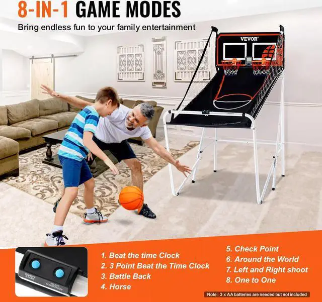 Alt view image 4 of 7 - VEVOR Foldable Indoor Double Shot Basketball Arcade Game 2 Player 4 Balls