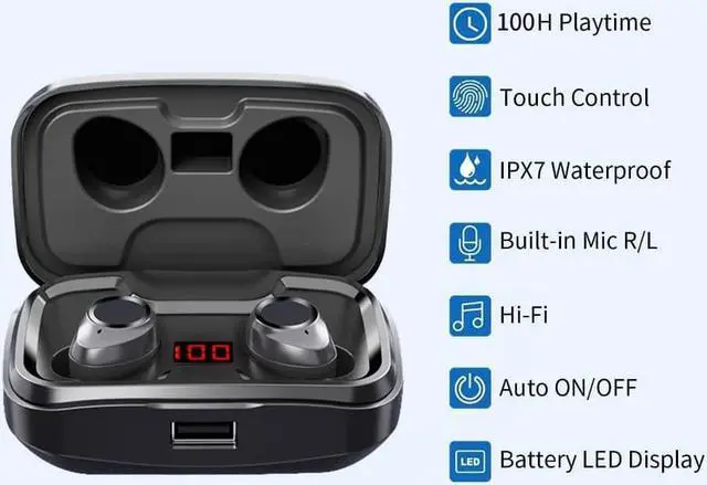 Alt view image 5 of 7 - Wireless Earbuds, 100H Playtime Bluetooth 5.3 Touch Control IPX7 Waterproof Ture Wireless Bluetooth Earbuds with LED Digital Display Mic Earphone in-Ear for iPhone Android
