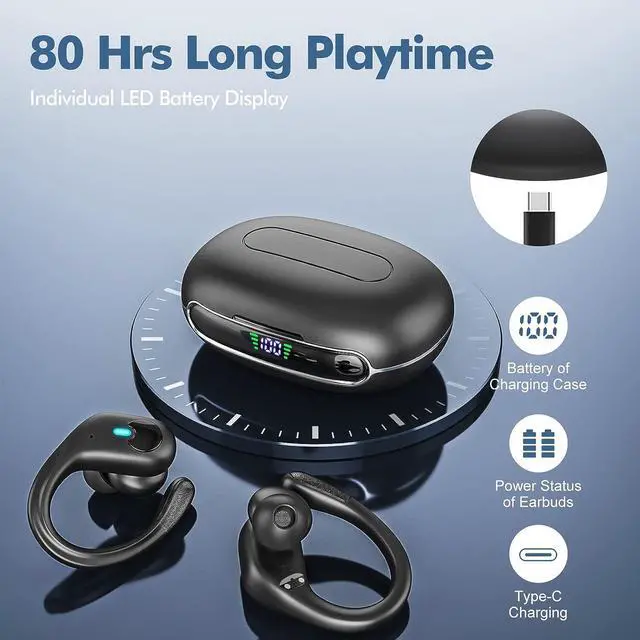 Alt view image 2 of 7 - Wireless Earbuds Bluetooth Headphones 80Hrs Playback with LED Diaplay Wireless Charging Case Noise Cancelling Ear Buds with Earhooks, IPX7 Waterproof Over Ear Earphones for Sports Running Workout