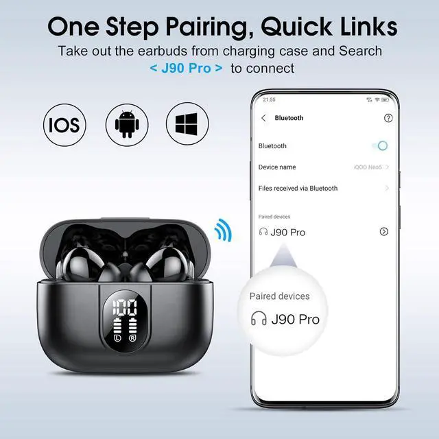 Alt view image 5 of 7 - Csasan Wireless Earbuds, Bluetooth 5.3 Headphones HiFi Stereo, 40H Playtime, Wireless Earphones with ENC Noise Cancelling Mic, IPX7 Waterproof, LED Display, Touch Control Bluetooth Earbuds for Sport