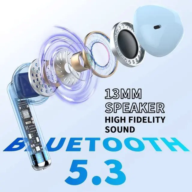Alt view image 2 of 7 - Wireless Earbuds, Bluetooth 5.3 Headphones HiFi Stereo, Mini in-Ear Bluetooth Earbuds, Wireless Earphones with 4 ENC Noise Cancelling Mic, LED Display, Touch Control Ear Buds,  Light Blue