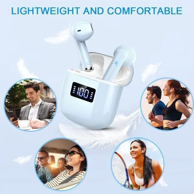 Alt view image 7 of 7 - Wireless Earbuds, Bluetooth 5.3 Headphones HiFi Stereo, Mini in-Ear Bluetooth Earbuds, Wireless Earphones with 4 ENC Noise Cancelling Mic, LED Display, Touch Control Ear Buds,  Light Blue