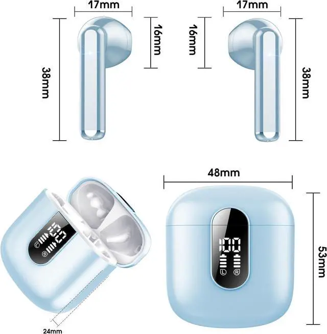 Alt view image 4 of 7 - Wireless Earbuds, Bluetooth 5.3 Headphones HiFi Stereo, Mini in-Ear Bluetooth Earbuds, Wireless Earphones with 4 ENC Noise Cancelling Mic, LED Display, Touch Control Ear Buds,  Light Blue