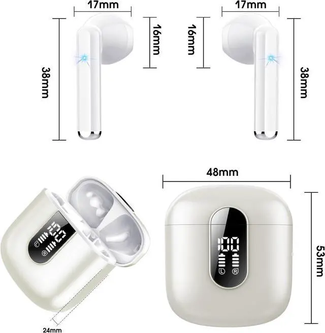 Alt view image 5 of 6 - Wireless Earbuds, Bluetooth 5.3 Headphones HiFi Stereo, Mini in-Ear Bluetooth Earbuds, Wireless Earphones with 4 ENC Noise Cancelling Mic, IP7 Waterproof, LED Display, Touch Control Ear Buds, White
