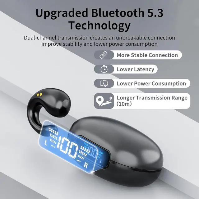 Alt view image 6 of 7 - Wireless Bluetooth Earbuds Clip-On Open Headphones 2023 Newly, 80H Playtime Bluetooth 5.3 Ear Buds with LED Display Charging Case, IPX7 Waterproof for Sport/Running/Work