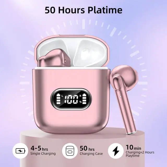 Alt view image 2 of 7 - Wireless Earbuds, Bluetooth 5.3 Earbuds with 2023 New HiFi ENC Call Noise Cancelling 4 Mics, Headphones Bluetooth Wireless, IP7 Waterproof LED Display Wireless Headphones, 50H Playtime, Mini Pink