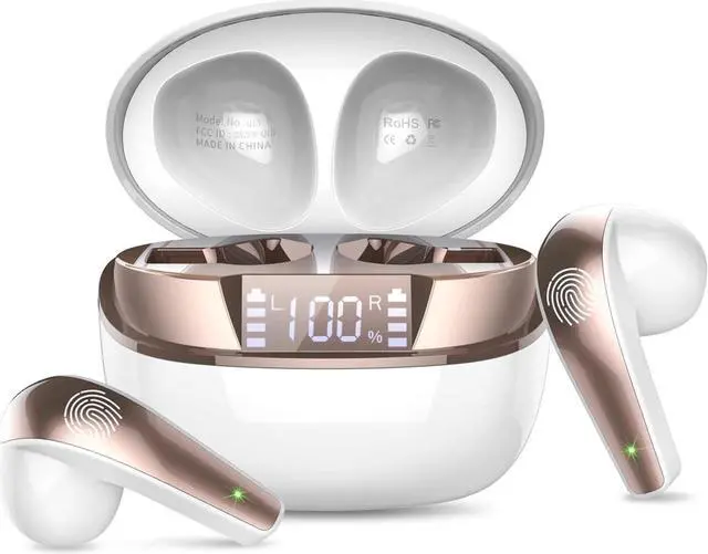 Main image of Wireless Earbuds, Bluetooth 5.3 Headphones HiFi Stereo, Wireless Earphones with ENC Noise Cancelling Mic, IP7 Waterproof Bluetooth Earbuds, 40H, LED Display, Touch Control Ear Buds, Pure White