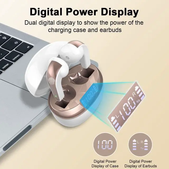 Alt view image 5 of 6 - Wireless Earbuds, Bluetooth 5.3 Headphones HiFi Stereo, Wireless Earphones with ENC Noise Cancelling Mic, IP7 Waterproof Bluetooth Earbuds, 40H, LED Display, Touch Control Ear Buds, Pure White