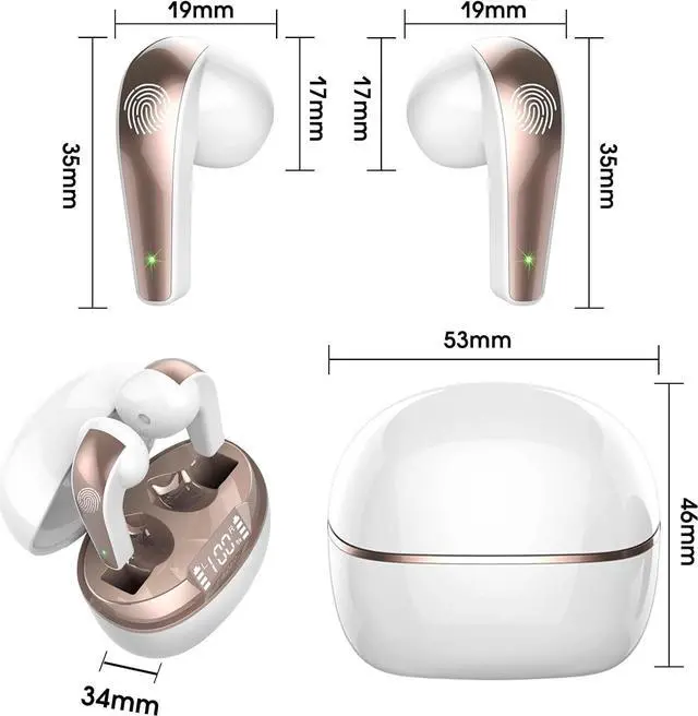 Alt view image 6 of 6 - Wireless Earbuds, Bluetooth 5.3 Headphones HiFi Stereo, Wireless Earphones with ENC Noise Cancelling Mic, IP7 Waterproof Bluetooth Earbuds, 40H, LED Display, Touch Control Ear Buds, Pure White
