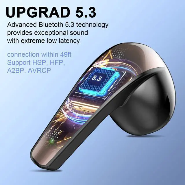 Alt view image 3 of 7 - Wireless Earbuds, Bluetooth 5.3 Headphones HiFi Stereo, Wireless Earphones with ENC Noise Cancelling Mic, IP7 Waterproof Bluetooth Earbuds, 40H, LED Display, Touch Control Ear Buds, Mysterious Black