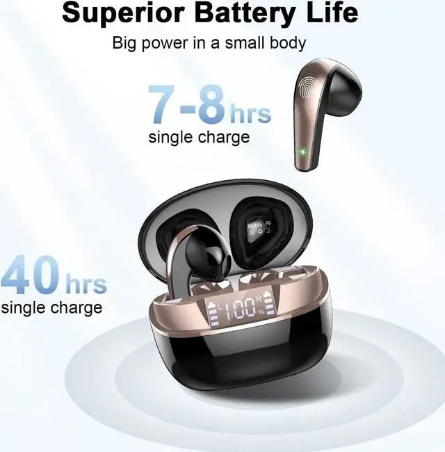 Alt view image 5 of 7 - Wireless Earbuds, Bluetooth 5.3 Headphones HiFi Stereo, Wireless Earphones with ENC Noise Cancelling Mic, IP7 Waterproof Bluetooth Earbuds, 40H, LED Display, Touch Control Ear Buds, Mysterious Black