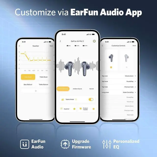 Alt view image 4 of 7 - EarFun Air Pro 3 Noise Cancelling Wireless Earbuds, Qualcomm® aptX Adaptive Sound, 6 Mics CVC 8.0 ENC, Bluetooth 5.3 Earbuds, Multipoint Connection, 45H Playtime, App Customize EQ, Blue