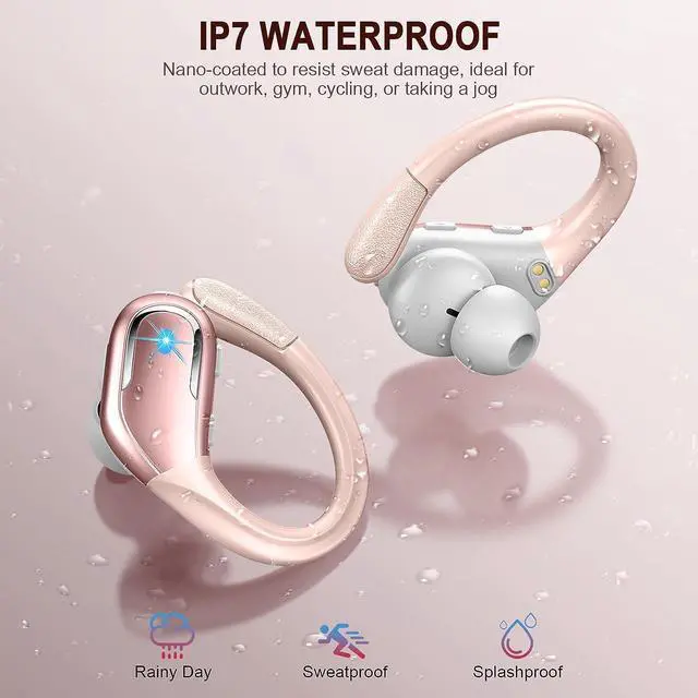 Alt view image 4 of 7 - Wireless Earbuds Sport, Bluetooth 5.3 Headphones Wireless with ENC Noise Cancelling Mic, 75H Playtime Bluetooth Headphones Running IP7 Waterproof, Wireless in Ear Earphones for iOS/Android Rose Gold