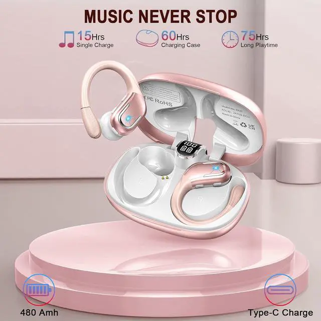 Alt view image 5 of 7 - Wireless Earbuds Sport, Bluetooth 5.3 Headphones Wireless with ENC Noise Cancelling Mic, 75H Playtime Bluetooth Headphones Running IP7 Waterproof, Wireless in Ear Earphones for iOS/Android Rose Gold