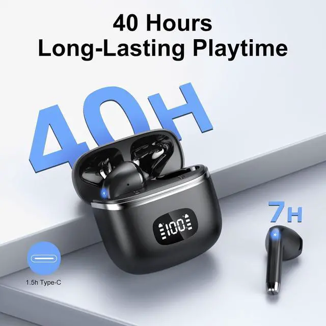 Alt view image 3 of 6 - Deep Black Wireless Earbuds, HiFi Stereo, Bluetooth 5.3 Headphones, Mini Wireless Earphones with ENC Noise Cancelling Mic, Type-C Quick Charge, IPX7 Waterproof - Ideal for Work & Sports