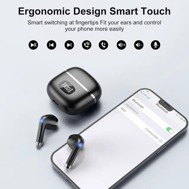 Alt view image 5 of 6 - Deep Black Wireless Earbuds, HiFi Stereo, Bluetooth 5.3 Headphones, Mini Wireless Earphones with ENC Noise Cancelling Mic, Type-C Quick Charge, IPX7 Waterproof - Ideal for Work & Sports