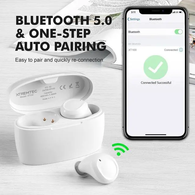 Alt view image 2 of 7 - XTREMTEC True Wireless Earbuds, Bluetooth Earbuds Noise Cancelling Bluetooth Headphones for iPhone/Android Small Earbuds with Mic Waterproof Cordless in-Ear Earphones Deep Bass Sound Headsets (White)