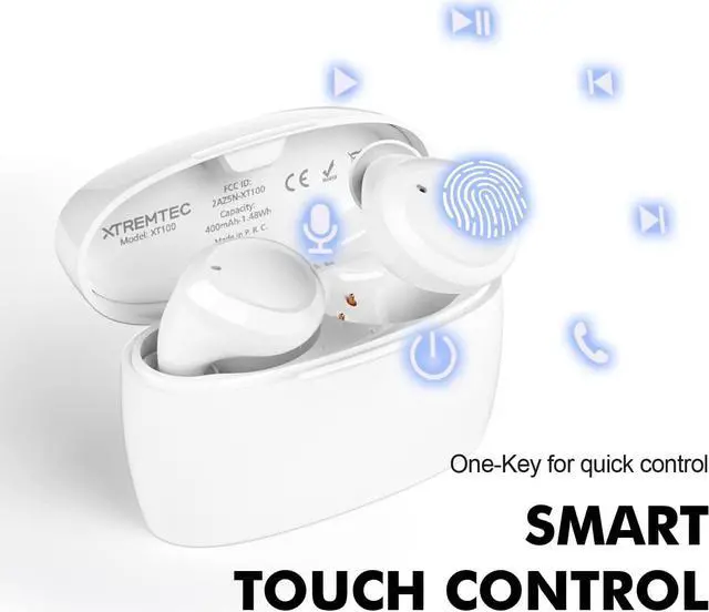 Alt view image 6 of 7 - XTREMTEC True Wireless Earbuds, Bluetooth Earbuds Noise Cancelling Bluetooth Headphones for iPhone/Android Small Earbuds with Mic Waterproof Cordless in-Ear Earphones Deep Bass Sound Headsets (White)