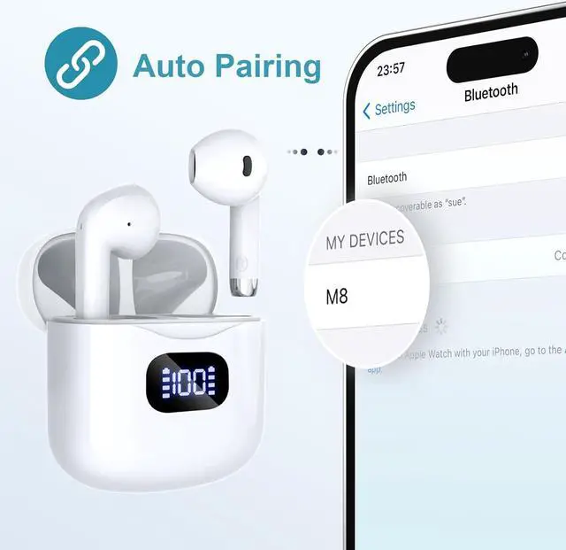 Alt view image 5 of 6 - Yideing WirelessEarbuds,Bluetooth 5.3 Headphones Half in-Ear Earbuds 40Hrs Playtime with LED Digital Display Charging Case,IPX5 Waterproof HiFi Stereo Earphones with Mic for Cell Phone Laptop Sports