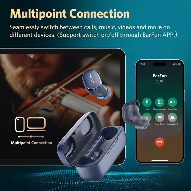 Alt view image 3 of 7 - EarFun Free Pro 3 Noise Canceling Wireless Earbuds, Snapdragon Sound with Qualcomm aptX Adaptive, 6 Mics ENC, Bluetooth 5.3 Earbuds, Multipoint Connection, Customizable EQ App, 33Hrs, Navy Blue