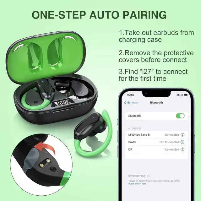 Alt view image 6 of 6 - Wireless Bluetooth Earbuds,10Hrs Single Playtime IPX7 Waterproof in-Ear Headphones with Earhooks,Sweat Resistant Ear Buds with Microphone Hi-Fi Stereo for Sports/Running/Workout/Gym(Green)