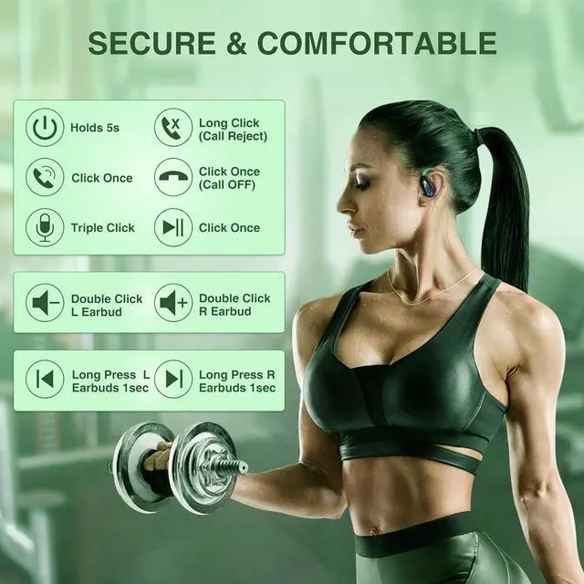 Alt view image 5 of 6 - Wireless Bluetooth Earbuds,10Hrs Single Playtime IPX7 Waterproof in-Ear Headphones with Earhooks,Sweat Resistant Ear Buds with Microphone Hi-Fi Stereo for Sports/Running/Workout/Gym(Green)