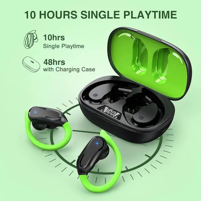 Alt view image 3 of 6 - Wireless Bluetooth Earbuds,10Hrs Single Playtime IPX7 Waterproof in-Ear Headphones with Earhooks,Sweat Resistant Ear Buds with Microphone Hi-Fi Stereo for Sports/Running/Workout/Gym(Green)