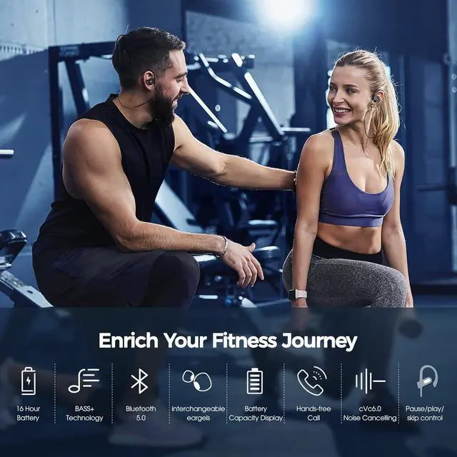 Alt view image 6 of 7 - Bluetooth Headphones Earbuds, Deep Bass Wireless Running Earbuds w/16 Hrs Playtime, Bluetooth Earphones in-Ear w/Earhooks, IPX7 Waterproof Sports Wireless Headphons with Microphone for Calls