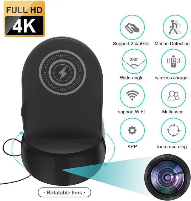 Alt view image 2 of 6 - Hidden Spy Camera WiFi with Wireless Charger,Motion Activated,HD 4K Nanny Spy Cam(Rotate Lens) in 250°Viewing Angle,Secret Camera for Home Office Security(2.4/5Ghz)