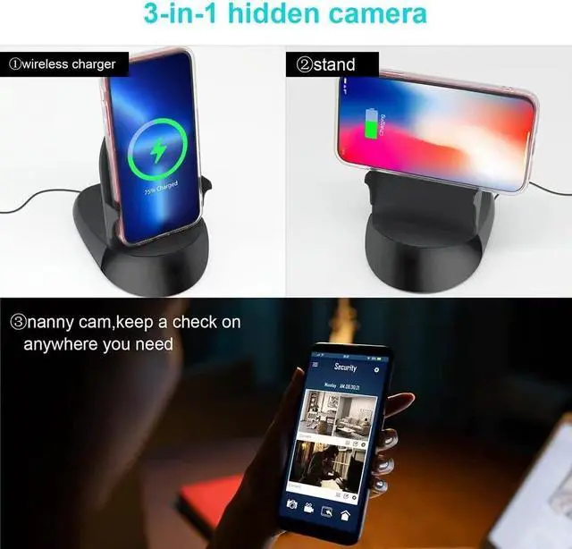Alt view image 4 of 6 - Hidden Spy Camera WiFi with Wireless Charger,Motion Activated,HD 4K Nanny Spy Cam(Rotate Lens) in 250°Viewing Angle,Secret Camera for Home Office Security(2.4/5Ghz)