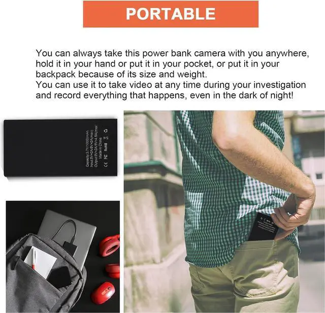 Alt view image 3 of 7 - Hidden Spy Camera Power Bank, Portable Security Camera 10,000mAh Long Standby Full HD 1080P Nanny Cam with Night Vision, Motion Detection, Gravity Sensor, Loop Recording for Home Office up to 128GB