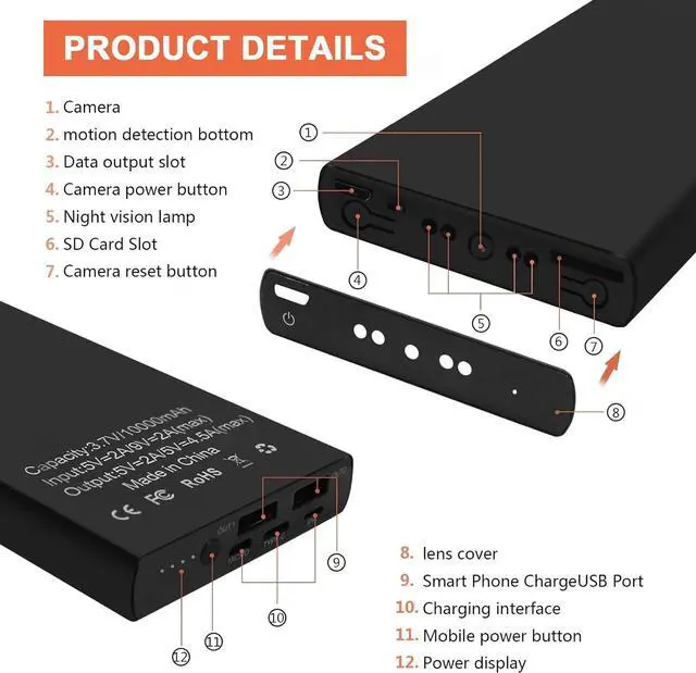 Alt view image 2 of 7 - Hidden Spy Camera Power Bank, Portable Security Camera 10,000mAh Long Standby Full HD 1080P Nanny Cam with Night Vision, Motion Detection, Gravity Sensor, Loop Recording for Home Office up to 128GB