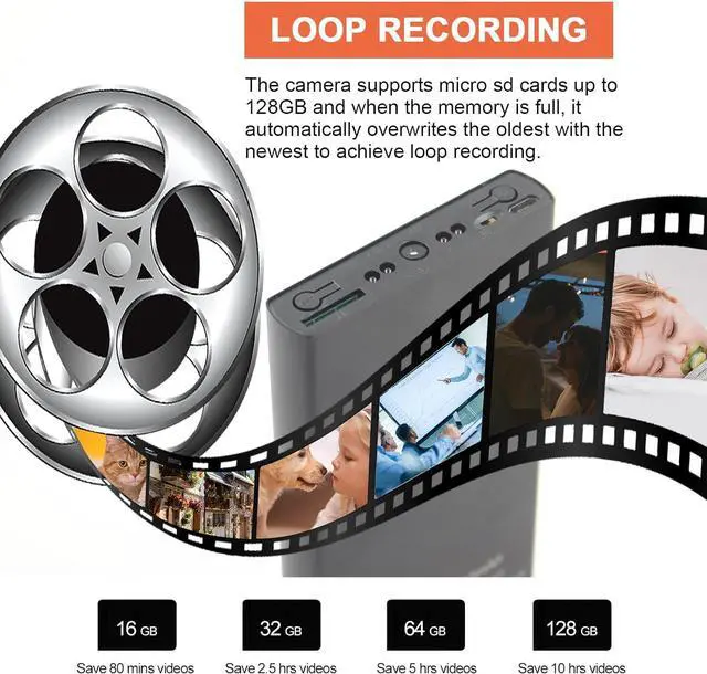 Alt view image 4 of 7 - Hidden Spy Camera Power Bank, Portable Security Camera 10,000mAh Long Standby Full HD 1080P Nanny Cam with Night Vision, Motion Detection, Gravity Sensor, Loop Recording for Home Office up to 128GB