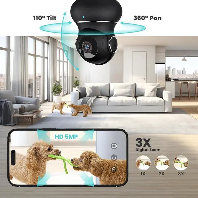 Alt view image 6 of 6 - Little elf Camera, 5GHz/5MP Pet Camera with 360° Motion Tracking, Indoor Camera with 5G/2.4G Dual-Band, IR Night Vision, 2-Way Audio, WiFi Camera for Baby/Pet, Home Wifi Camera Support Onvif/NVR/Alexa