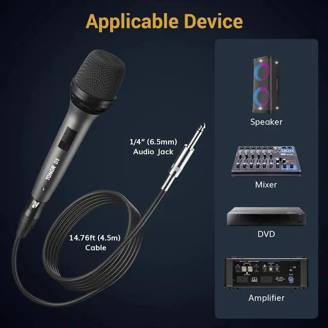Alt view image 4 of 7 - TONOR Dynamic Vocal Microphone for Singing, Handheld Wired Karaoke Mic, Cardioid Studio Microfono with 5M XLR to 1/4" Cable, Compatible with Speakers/Mixer Machine/Amp/Speech and Outdoor Activity