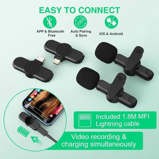 Alt view image 3 of 6 - Wireless Lavalier Microphone for iPhone/ipad/Android,Wireless Lapel Clip on Microphone(2 Microphones with 2 Receivers) Plug-Play Auto-Sync for Facebook,YouTube,Video/Vlog Recording,Live Stream,TikTok