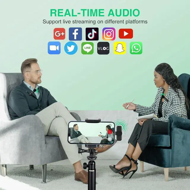Alt view image 5 of 6 - Wireless Lavalier Microphone for iPhone/ipad/Android,Wireless Lapel Clip on Microphone(2 Microphones with 2 Receivers) Plug-Play Auto-Sync for Facebook,YouTube,Video/Vlog Recording,Live Stream,TikTok