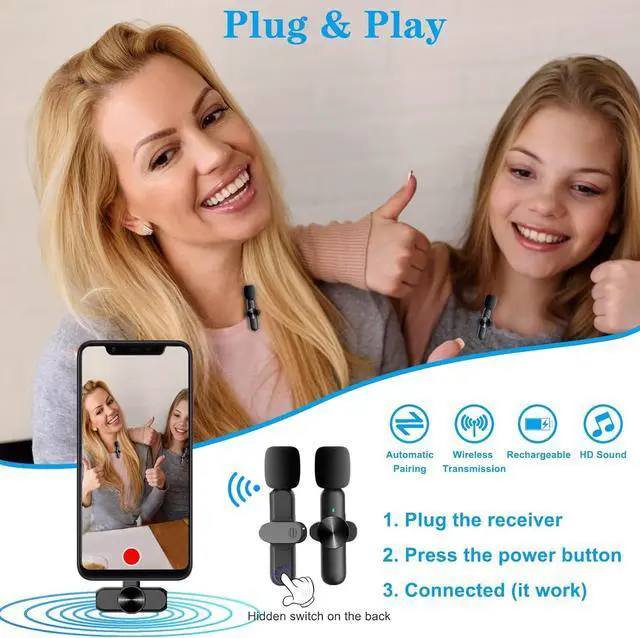 Alt view image 3 of 6 - Dual Wireless Microphone for iPhone iPad, Wireless Lavalier Microphone for Video Recording YouTube TikTok Facebook Live Vlog Interview, Plug-Play Lapel Mic (Black - 2 transmitters)