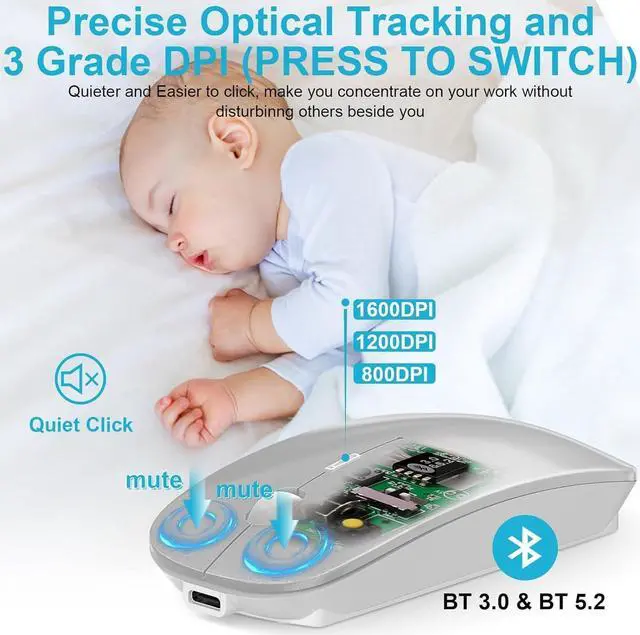 Alt view image 6 of 6 - Bluetooth Wireless Mouse for MacBook Air Mac Pro Laptop Computer iPad Pad PC Optical with Dual Mode Switch Mouse Bluetooth 5.2/3.0 and 2.4GHz USB-A & USB-C Receiver (Rose Gold)