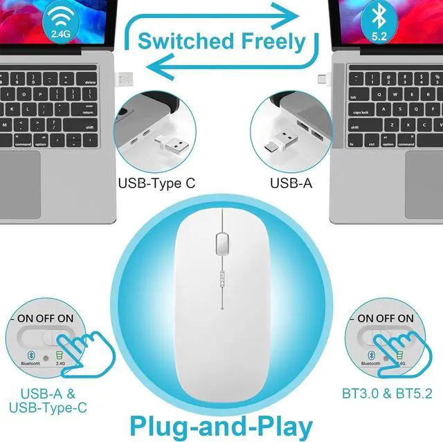Alt view image 4 of 6 - Bluetooth Wireless Mouse for MacBook Air Mac Pro Laptop Computer iPad Pad PC Optical with Dual Mode Switch Mouse Bluetooth 5.2/3.0 and 2.4GHz USB-A & USB-C Receiver (Rose Gold)