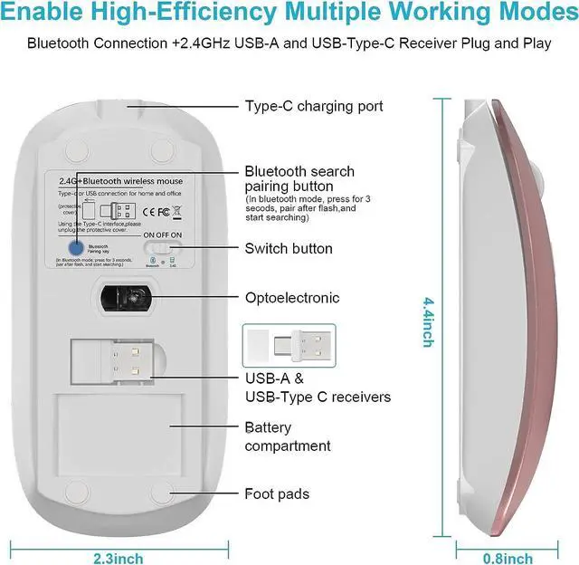 Alt view image 3 of 6 - Bluetooth Wireless Mouse for MacBook Air Mac Pro Laptop Computer iPad Pad PC Optical with Dual Mode Switch Mouse Bluetooth 5.2/3.0 and 2.4GHz USB-A & USB-C Receiver (Rose Gold)