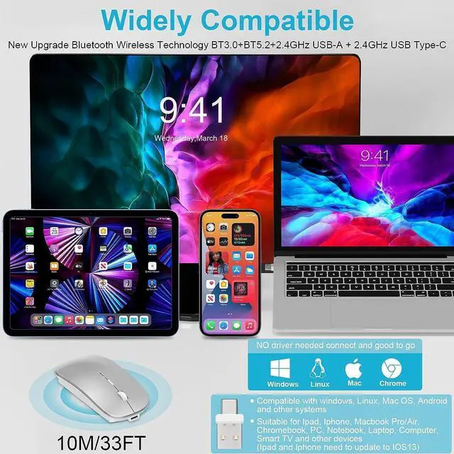 Alt view image 5 of 6 - Bluetooth Wireless Mouse for MacBook Air Mac Pro Laptop Computer iPad Pad PC Optical with Dual Mode Switch Mouse Bluetooth 5.2/3.0 and 2.4GHz USB-A & USB-C Receiver (Rose Gold)