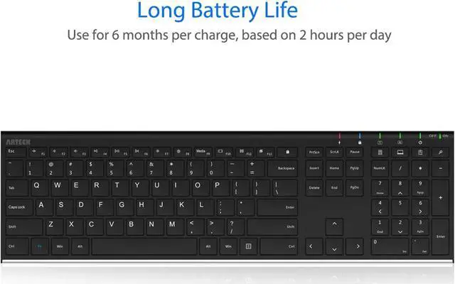 Alt view image 7 of 7 - Arteck 2.4G Wireless Keyboard Stainless Steel Ultra Slim Full Size Keyboard with Numeric Keypad for Computer/Desktop/ PC/Laptop/ Surface/Smart TV and Windows 10/8/ 7 Built in Rechargeable Battery