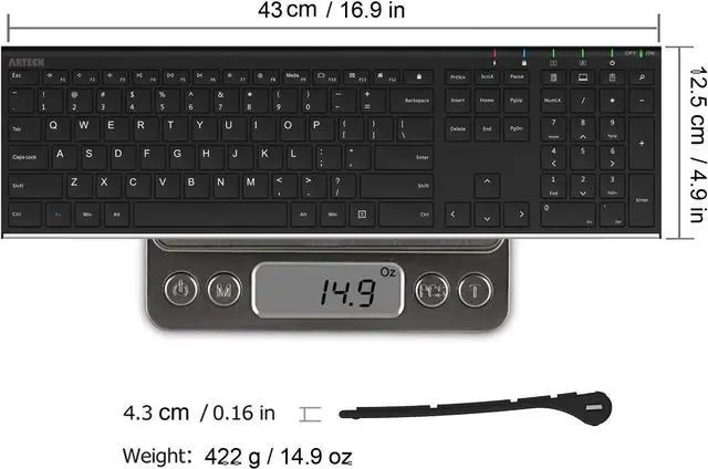 Alt view image 5 of 7 - Arteck 2.4G Wireless Keyboard Stainless Steel Ultra Slim Full Size Keyboard with Numeric Keypad for Computer/Desktop/ PC/Laptop/ Surface/Smart TV and Windows 10/8/ 7 Built in Rechargeable Battery